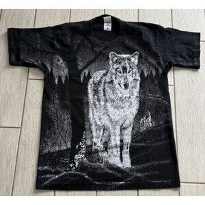 Jeff Deweerd AOP T-shirt Vintage 1993s Wolf Single Stitch Black Size L Grunge